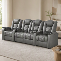 Canapé de cinéma moderne quatre places en cuir véritable avec structure en bois, mousse à mémoire de forme, inclinable et personnalisable