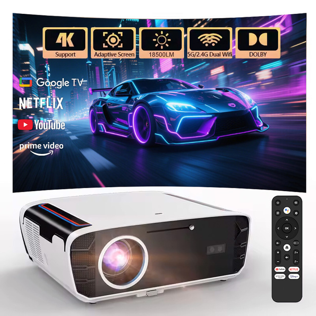 4K Home Theater Projector with Google TV 1850ANSI Outdoor Movie Projector for Family Cinema Gaming (Supports 4K TOF Focus)