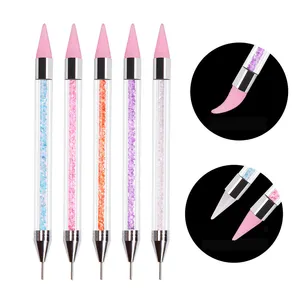 Hot selling 1pcs two way use nail art dotting tool rhinestone picker pen with silicone and metal head