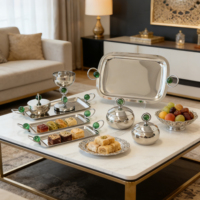 Ramadan & bruiloft decoratie 2026: metalen aluminium fruitschaal & serveerschalen set, groene kralen handvat, Art Deco design, hittebestendig