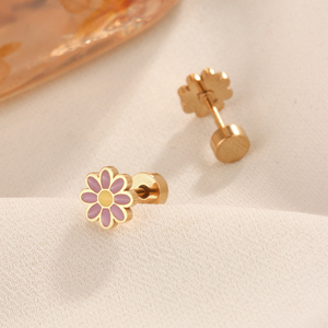 Crisantemo carino orecchini a fiori in smalto 18K oro placcato gioielli in acciaio inox per bambini e donne ragazze - Product Image 5