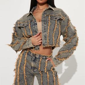 Conjunto de mezclilla de alta calidad para mujer: Chaqueta corta desgastada y jeans de tiro bajo de pierna ancha con lavado ácido y efecto vintage. - Product Image 2