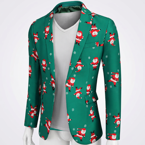 Men's Green Christmas Santa Printed <b>Blazer</b> Single Breasted Notched Collar Polyester Woven Business Suit Jacket - Product Image 1