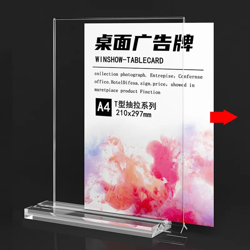 Custom A3 A4 A5 Clear Plastic T Shape Double Sided Card Price Tag Name Label Counter Table Top Acrylic Display Stand Sign Holder