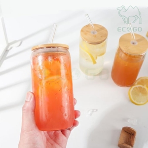 Custom Seal Luxury Bamboo Lid Drinking Hot Cold Water Juice Glass Container Water Bottles with Straws - Product Image 1