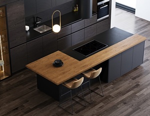 Furnitur rumah mewah lapisan kayu kenari Modular warna hitam Matt pintu kaca lemari dapur desain Modern - Product Image 3