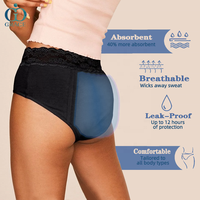 Culotte menstruelle post-partum en coton noir à 4 couches, grande taille, lavable, anti-fuite, avec dentelle et volants floraux pour femme