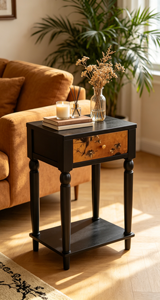 Mesa Auxiliar Moderna de Madera Negra con Cajón Floral y Estante Inferior para Sala de Estar o Dormitorio - Product Image 3