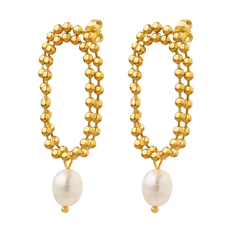 Pendientes de tuerca de doble capa con cadena de cuentas suaves de acero inoxidable a la moda delicada, pendientes de perlas naturales de agua dulce para mujer
