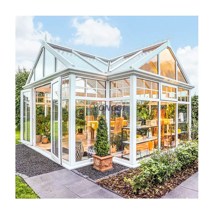 Invernadero de patio de jardín francés, puerta corredera de vidrio de aluminio, terraza acristalada con sistema de energía solar