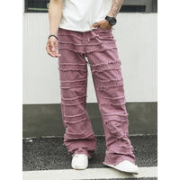 Jean large à jambes larges pour homme, couleur mauve, à volants, délavé, franges multi-couches, denim baggy, streetwear, tendance, pantalon ample, lavage