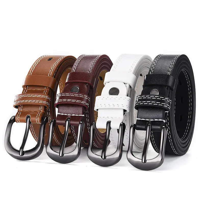Teenager Double Sides PU Leather Belt For Women Men Black And Brown Dress Belt With White Lines Stitching