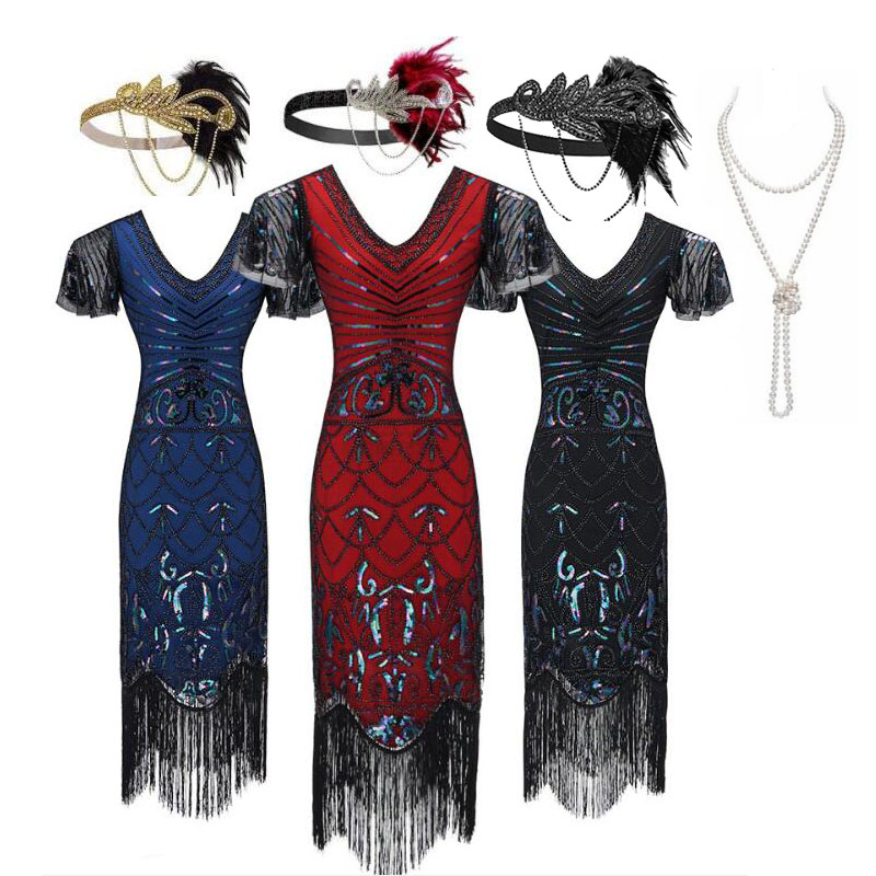 Ecowalson по индивидуальному заказу для женщин 1920s Гэтсби с блестками и с бахромой, Коктейльная Вечеринка платье размера плюс с 20С набор аксессуаров