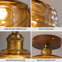Plafonnier avec abat-jour en verre ambré, E27, 220V, luminaire avec finition couleur noyer, pour restaurant et maison