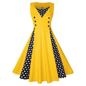 Best-Selling Retro rockabilly swing women dress buttons dot print splicing red work office dresses