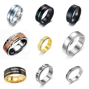 แหวนทังสเตนคาร์ไบด์ขอบสีฟ้าร่องบากผู้ชาย,แหวนแต่งงานสีดำคาร์บอนไฟเบอร์ปั่นด้ายความวิตกกังวล