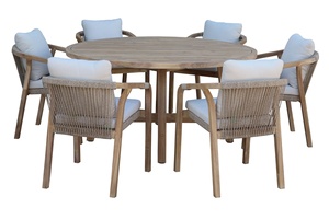 Konkrete natürliche Farbe 7 Stück Teakholz Outdoor Dining <span class=keywords><strong>Set</strong></span> Holz Runder Esstisch mit 6 Holz seils tühlen - Product Image 6
