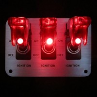 Panneau d'interrupteurs d'allumage pour voiture de course 3 voies DC12V avec LED rouge, couvercle de sécurité rabattable, interrupteurs à bascule en métal, panneau en aluminium