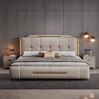 Lit de Luxe Moderne en Cuir Véritable avec Rangement, Tête de Lit LED, Tiroirs Rembourrés à Vérin à Gaz, Confortable, Taille King Size pour Chambre à Coucher