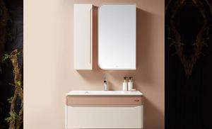 Mueble de Baño Moderno Beige Acanalado con Gabinetes Abiertos Grises, Conjuntos de Muebles de Baño al por Mayor con Lavabo y Grifo - Product Image 4