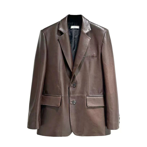 Quality Hot Sale Fashion Sheep Leather Suit Ladies Loose Brown Genuine Leather Coats for Women