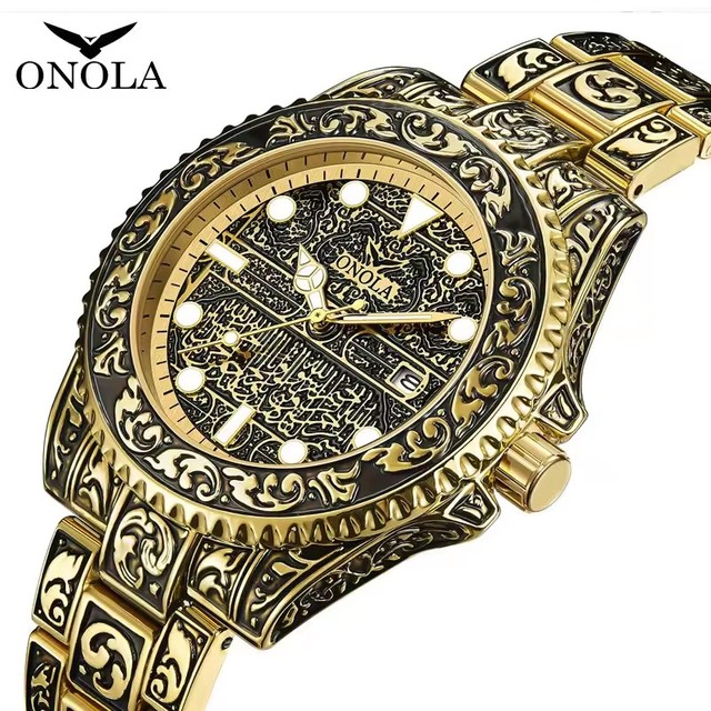 Onola 3830 Classic Watch Muslim Waterproof Quartz Movement Arab Retro Carving Luxury Fashion Gold for Men 42mm Diameter Watches