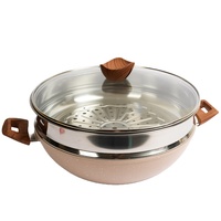 Aluminiumlegierung Keramik Antihaft-Tiefe Bratpfanne Wok Großer Kochtopf-Set mit Holzmuster-Griff und Dampfgarer