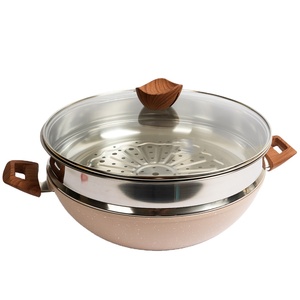 Sartén Profunda Antiadherente de Aleación de Aluminio y Cerámica, <span class=keywords><strong>Wok</strong></span>, Olla Grande <span class=keywords><strong>para</strong></span> Cocinar, con Mango con Diseño de Madera y Vaporera - Product Image 6