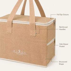 Sac isotherme réutilisable en jute grande capacité avec fermeture éclair et poignée en ruban pour courses et pique-niques, garde au chaud ou au frais les aliments - Product Image 4