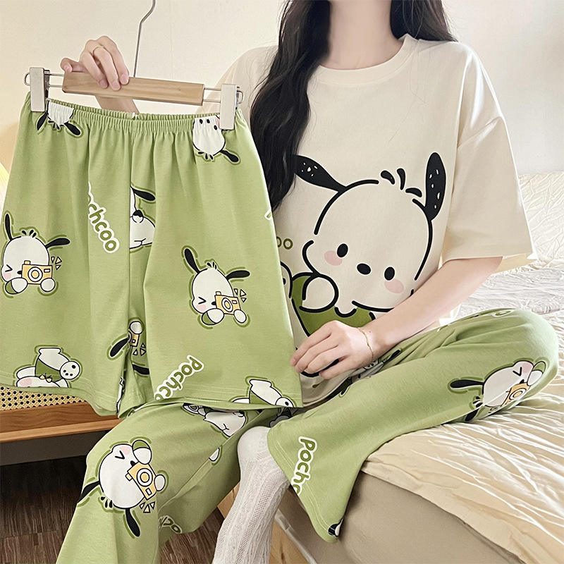 Pijamas de verano para mujer, pantalones cortos de manga corta de seda de leche, conjunto de 3 piezas, ropa de casa de dibujos animados de estilo coreano, ropa de dormir para mujer