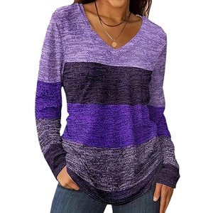 เสื้อยืดแฟชั่นลำลองผู้หญิง คอวี แขนยาว คุณภาพสูง ดีไซน์สีตัดต่อ - Product Image 5