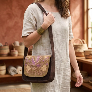 Bolso bandolera con bordado Crewel de Cachemira – Diseño floral botánico en gamuza marrón, lavanda y dorado - Product Image 3