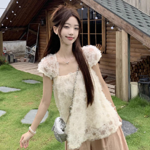 Camisa de manga corta con malla tridimensional de estilo industrial para mujer, cuello cuadrado francés, holgada, para verano - Product Image 6