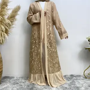 Dubai Lace Temperament Cardigan Pakistani Leaf Embroidered Sequin Robe Turkey Muslim Women Dress Islamic Clothing