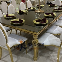 Table de banquet rectangulaire pour fête de mariage Table de banquet de mariage moderne de luxe en acier inoxydable miroir doré avec dessus en verre