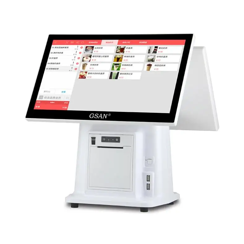 15.6 "touch dual screen restaurant order machine sistema pos registratore di cassa touch screen supermercato store pos con stampante