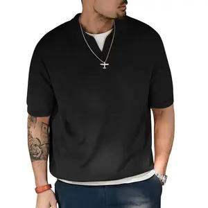 신상품 빈 와플 니트 반소매 티셔츠 맞춤 로고 캐주얼 헤비급 셔츠 남성 폴로 티셔츠