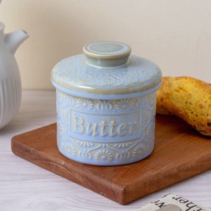 Boîte de rangement pour beurre en céramique gaufrée, rétro, bleu clair, émaillée au four, avec couvercle pour la conservation du fromage - Product Image 1
