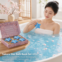 Ensemble de bombes de bain personnalisées à la fleur de cerisier Sakura, naturelles et faites à la main, 6 pièces, 80g, bleu, botanique, hydratant, aromatique, étiquette OEM