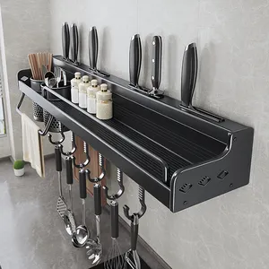 Étagère de cuisine sans poinçon support de support mural noir espace étagère de rangement en aluminium porte-couteau avec crochets accessoires de cuisine