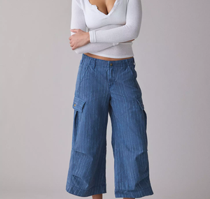 <span class=keywords><strong>Pantaloni</strong></span> Cargo da <span class=keywords><strong>Donna</strong></span> a Vita Media, Gamba Larga, Taglio Rilassato, Stile Retrò, a Righe Sottili, Casual, Cropped - Product Image 1