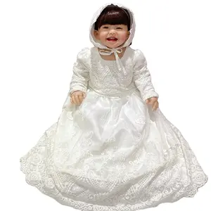 Baptism Crystal Cream Gown Long Sleeve Andlace Bubble Skirt Infant Girls Lolita Dress