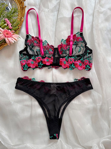 Nouveau Style rétro mode Sexy Hottie Lingerie soutien-gorge et culotte Rose dentelle brodée ensemble de sexe transparent - Product Image 5