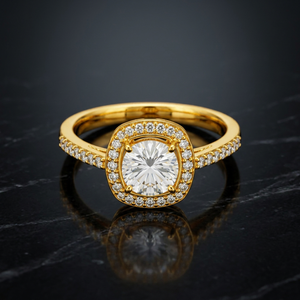 Anillo de compromiso de moissanita chapado en oro con engaste pavé, corte cojín brillante, de lujo y a la moda para mujer - Product Image 3