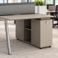 Poste de travail modulaire moderne pour employés avec écran de confidentialité, armoire de rangement, étagères ouvertes et pieds en métal pour bureaux ouverts