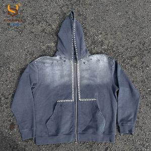 เสื้อฮู้ดซิปผู้ชาย ผ้าคอตตอน 100% หนัก 500gsm ทรงโอเวอร์ไซส์ ตกแต่งหมุดและคริสตัล ล้างสีแบบซันเฟด พร้อมโลโก้สั่งทำพิเศษ คุณภาพสูง - Product Image 1