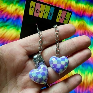 Yan Lan Acrylic Checkerboard <b>Heart</b> Drop Earrings Stainless Steel Chain Fresh <b>Sweet</b> Style Fashion Jewelry - Product Image 4