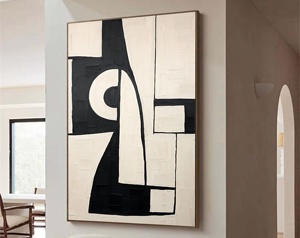 Peinture à l'huile contemporaine minimaliste faite à la main <span class=keywords><strong>en</strong></span> noir et blanc sur toile avec cadre - Art mural pour salon - Product Image 1
