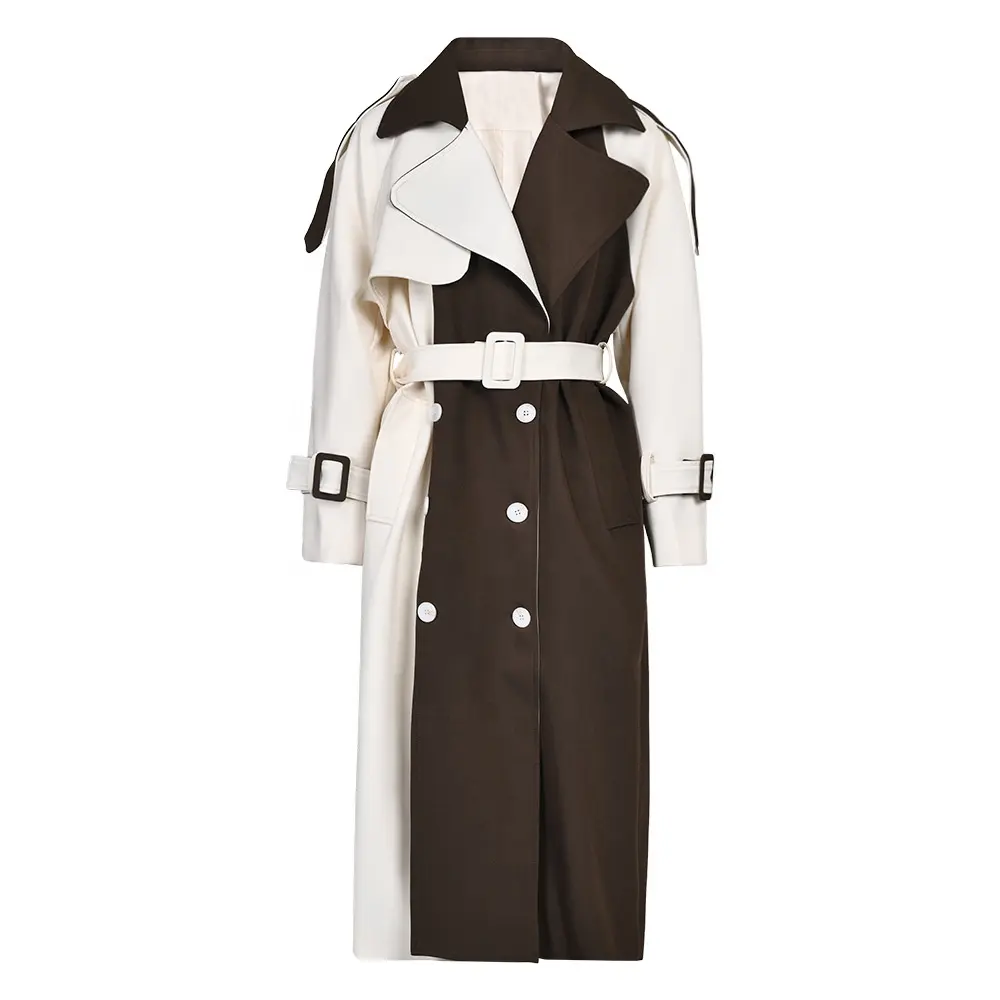 OUDINA Automne Contraste Couleur Double Boutonnage Bouton Sur Le Genou Long Coupe-Vent Vestes Trench Coat Femmes