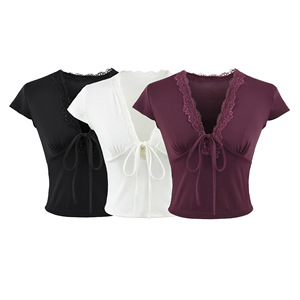 Top Corto Sexy para <span class=keywords><strong>Mujer</strong></span> 2026 con Encaje, Cuello en V, Lazo Frontal, Estilo Y2K Vintage, Manga Corta, Busto Fruncido, Camiseta Coquette Estética - Product Image 1